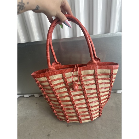 Nancy Gonzalez Handbags - RARE Nancy Gonzalez Coral Red CROCODILE Woven Shoulder Bag Purse